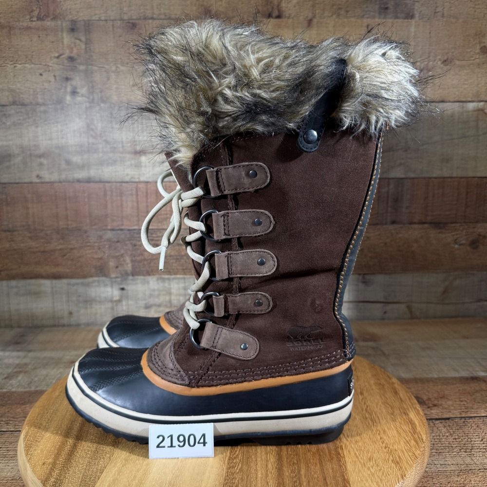Sorel Joan of Arctic Boots Womens 7 Brown Waterproof Faux Fur Suede Lace Up